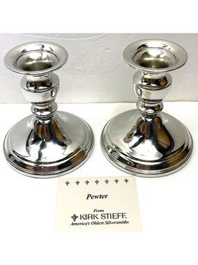 Kirk Stieff Pewter Candlestick Holders Pair 4" Tall Classic Polished Silver Fini